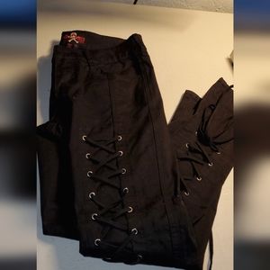 Royal bones black skinny jeans with ties, size 7, hot topic